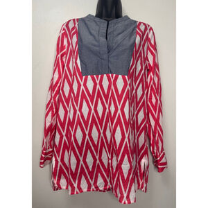 J. Crew 100% Cotton Tunic Top Size S Coral & White Diamond Print Solid Bib Tunic